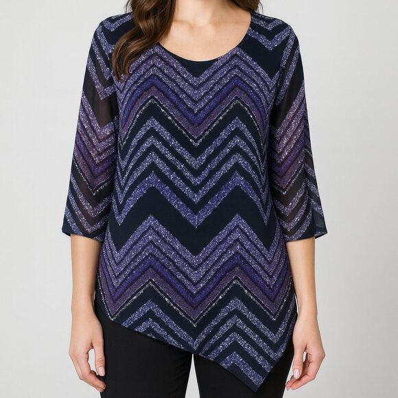 AB Studio Womens M Blouse Black Blue Chevron Stripe 3/4 Sleeve Polyester - Picture 1 of 9